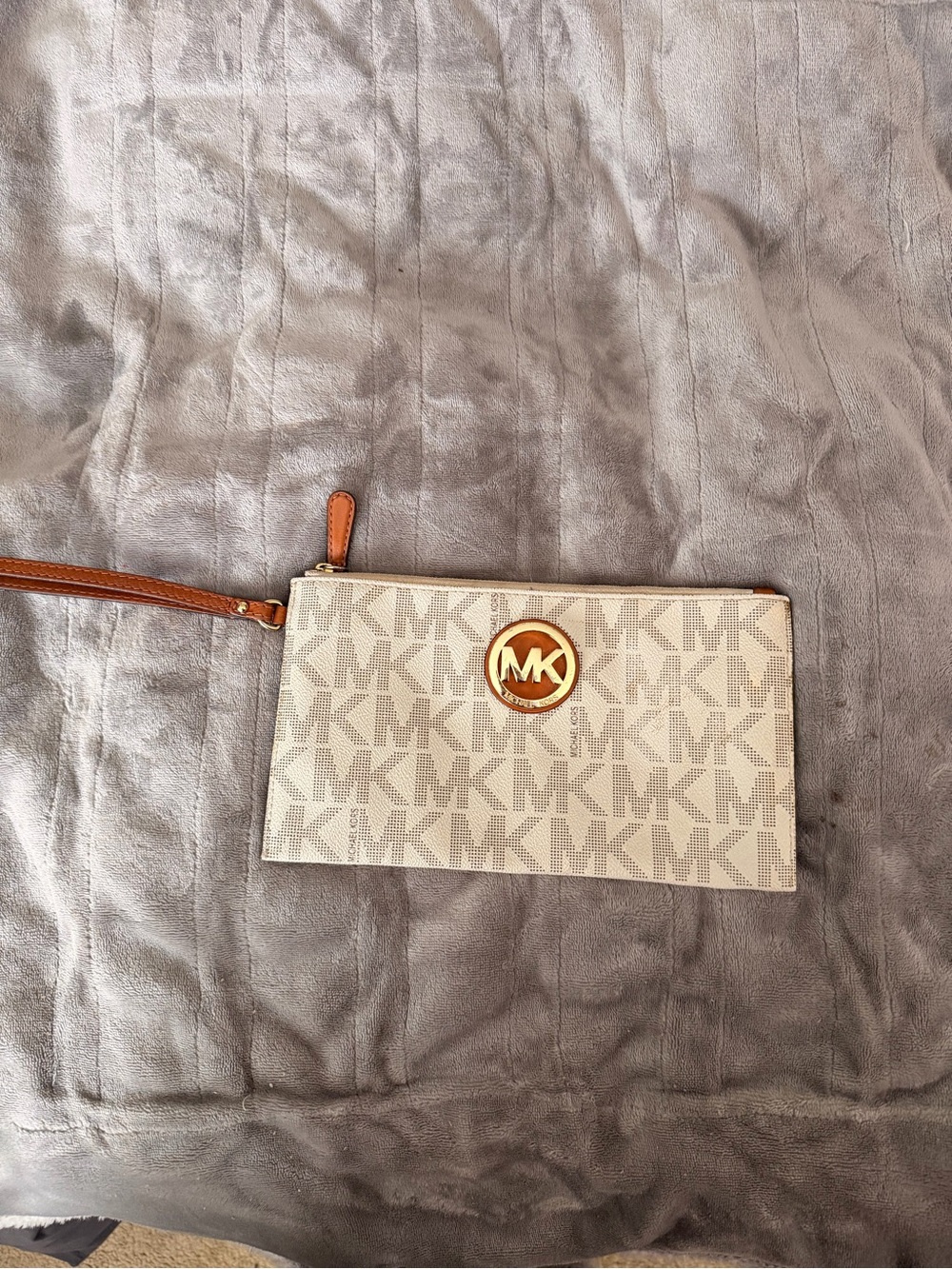 Michael Kors Cream MK Monogram Wristlet with Tan Trim and Gold Logo